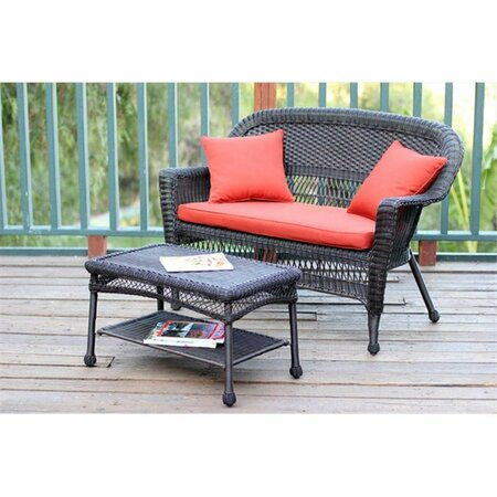 JECO Espresso Wicker Patio Love Seat And Coffee Table Set With Red Orange Cushion W00201-LCS018